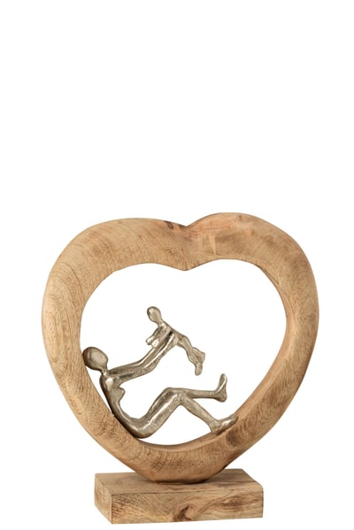 Personnage parent + enfant coeur bois de manguier/aluminium naturel/argent