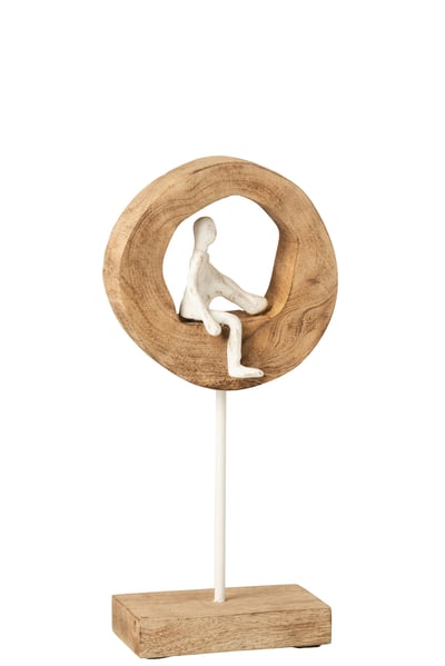 Personnage penseur cercle bas bois de manguier/aluminium naturel/blanc