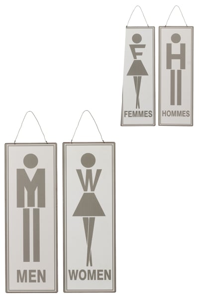 Pancarte toilet anglais/francais metal blanc/gris assortiment de 2