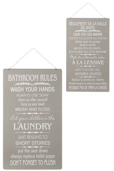 Pancarte salle de bain/bathroom anglais/francais metal gris/blanc assortiment de 2