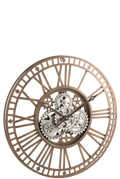 Horloge chiffres romains mecanisme apparent metal antique gris