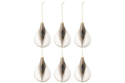Boite de 6 boules de noel goutte plumes de paon verre transparent small Boite de 6 boules de noel goutte plumes de paon verre transparent small