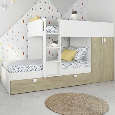 Lit superposé Jip avec armoire et tiroirs - chêne/blanc/blanc 