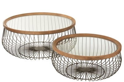 Set de 2 table de salon ronde metal/verre noir