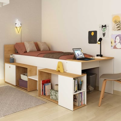 Couchette semi-haute Gaby avec bureau - 118x239x96 cm - Blanc/chêne Couchette semi-haute Gaby avec bureau - 118x239x96 cm - Blanc/chêne