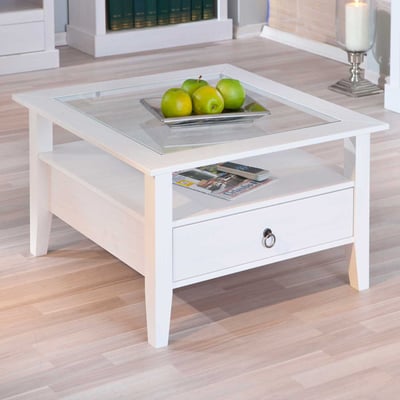 Table basse Provence 75x75 avec 1 tiroir pin massif - blanc Table basse Provence 75x75 avec 1 tiroir pin massif - blanc