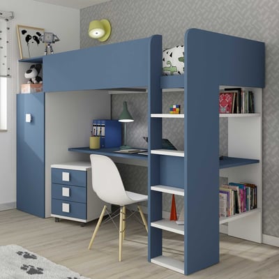 Lit mezzanine Jet avec bureau et armoire 90x200cm - bleu Lit mezzanine Jet avec bureau et armoire 90x200cm - bleu