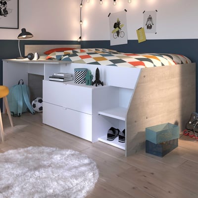 Lit banquette Milky avec bureau et tiroirs - blanc/chêne
