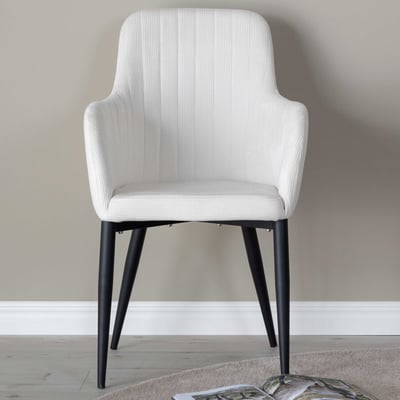 Chaise de salle à manger Comfort en velours côtelé blanc et pieds noirs