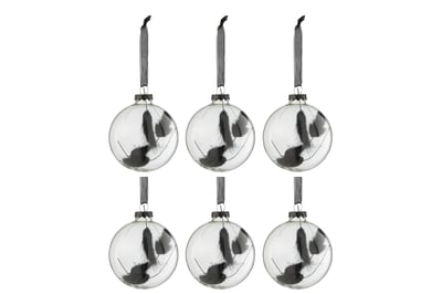 Boite 6 boules de noel rond fleur sechee noir verre transparent small