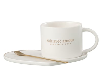 Tasse + soucoupe + cuillere coeur porcelain francais blanc