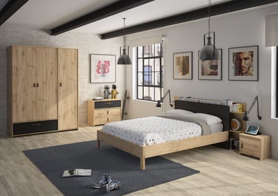 Chambre d'ado Liam: lit 120x200 avec tête de lit, chevet, commode, armoire - artisan chêne Chambre d'ado Liam: lit 120x200 avec tête de lit, chevet, commode, armoire - artisan chêne