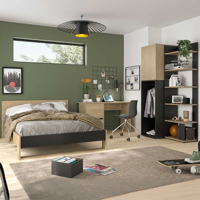 Chambre Nael: lit double 140x190, bureau, bibliothèque, armoire - décor chêne/noir
