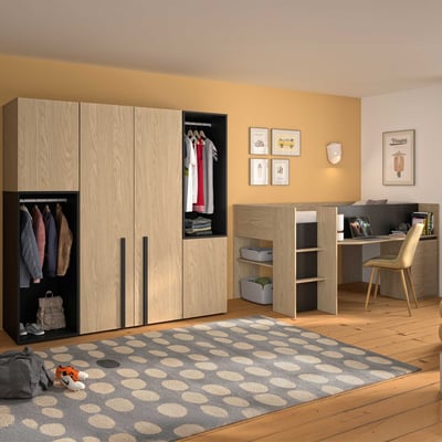 Chambre d'ado Nael: lit combiné 90x200, armoires - décor chêne/noir