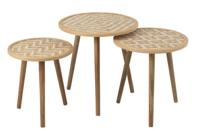 Set 3 tables gigogne motifs 3 pieds bambou/bois naturel/blanc