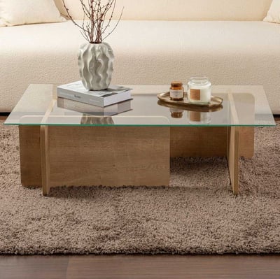Table basse Flavio - 105x65x30cm - verre trempé - décor chêne