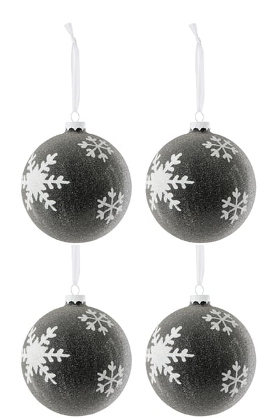 Boite de 4 boule de noel perles+flocon verre gris fonce/blanc large