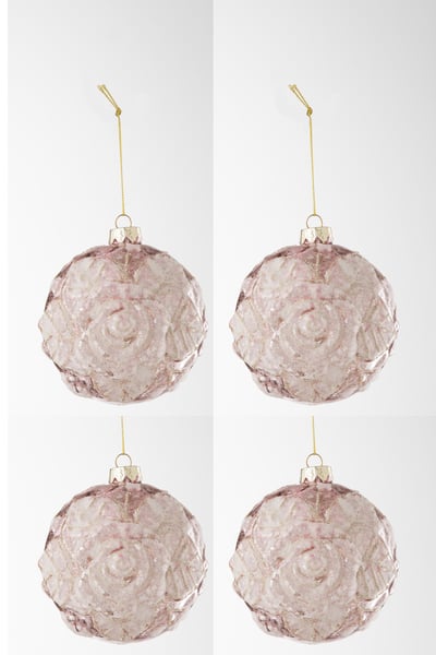 Boite de 4 boule de noel motif rose paillettes verre rose clair large Boite de 4 boule de noel motif rose paillettes verre rose clair large