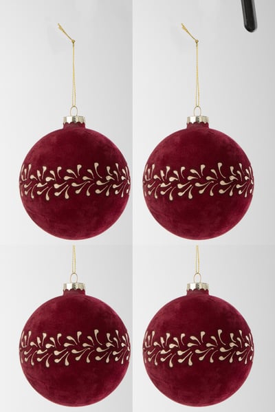 Boite de 4 boule de noel motif velours bordeaux/or