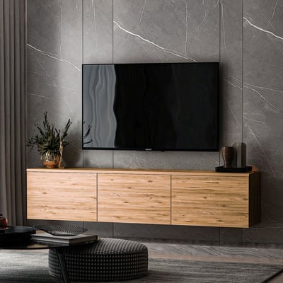 Meuble TV Neon - 160x32x35cm - flottant - 3 portes - pin