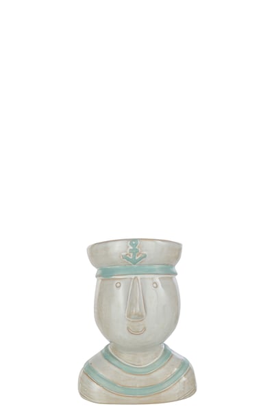 Cachepot tete marin porcelaine blanc/azur large