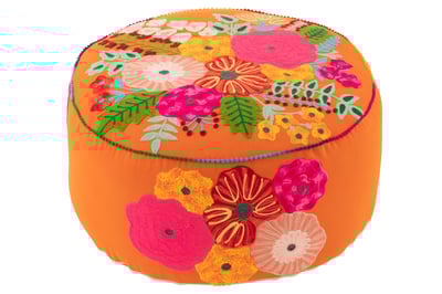 Pouf rond fleurs broderie coton/polyester orange