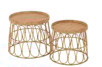 Set de 2 table rond rotin/contreplaque naturel