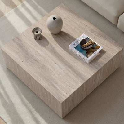 Table Basse Prizma - 100% MDF - Travertin - 35 x 90 x 90 cm