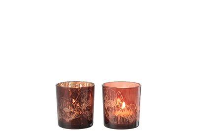 Photophore fleurs verre bordeaux/antique bordeaux small assortiment de 2