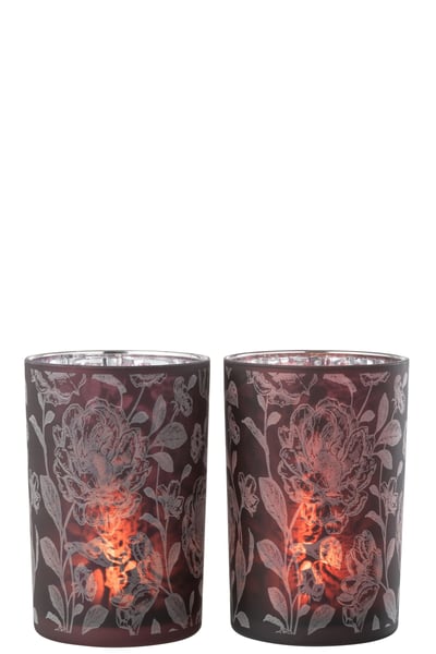 Photophore fleurs verre mat mauve mix/argent large assortiment de 2