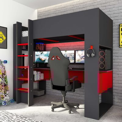 Lit mezzanine avec bureau Graham 90x200cm - anthracite/rouge Lit mezzanine avec bureau Graham 90x200cm - anthracite/rouge