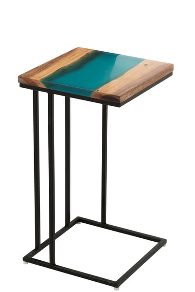 Table d'appoint carre bois d'acacia/resine naturel/bleu