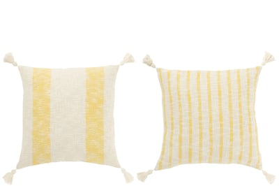 Coussin carré lignes+floches coton blanc/jaune assortiment de 2