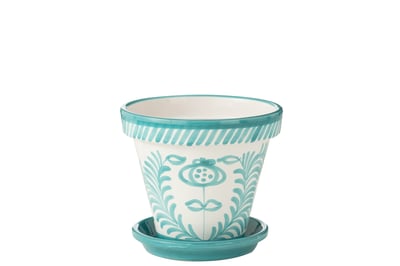 Flowerpot+plate granada handmade+painted ceramic aqua large