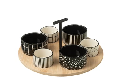 Service a tapas 6 sets+plateau bambou boite noir/blanc