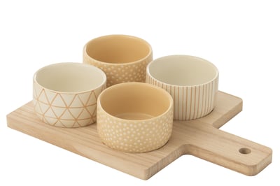 Service a tapas 4 sets+ plateau bois boite creme/blanc