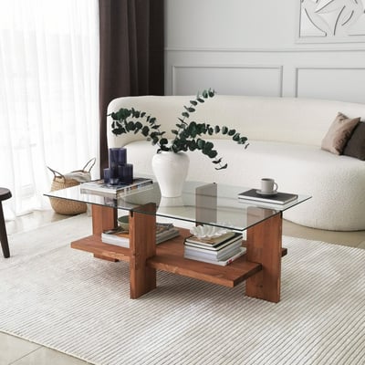 Seconde chance Table basse Locelso | Cadre en bois massif | Verre trempé | 105x40x60cm | Bois