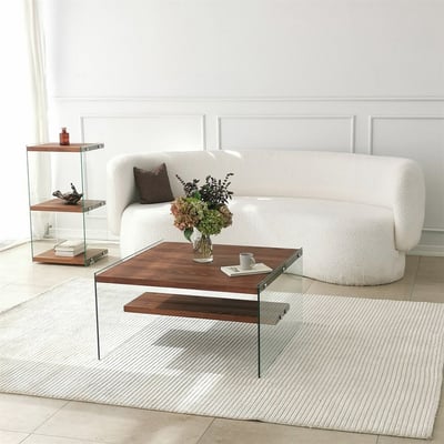 Table basse stylisée Woody Fashion 100% verre trempé et bois massif