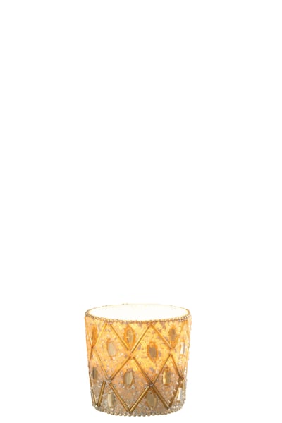 Photophore verre/perles blanc/doré small