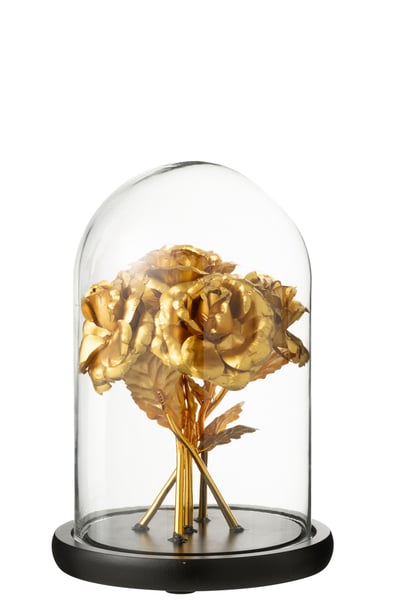 Cloche décorative bouquet de roses verre doré/noir medium