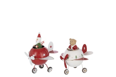 Ours + père noël dans avion métal rouge noël/blanc large assortiment de 2