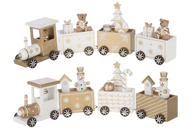 Train ours + bonhomme de neige contreplaqué blanc/doré assortiment de 2
