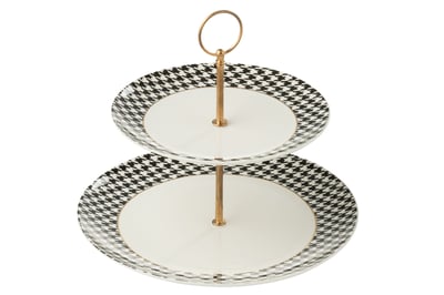 Plat à gateaux sur socle 2 parties pied-de-poule porcelaine blanc/noir