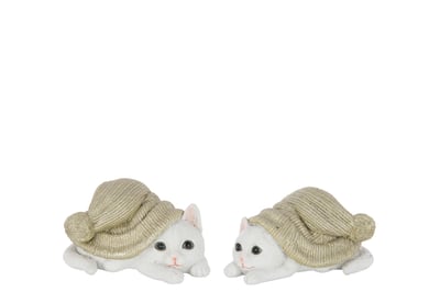 Chat chapeau polyrésine gris vert/blanc medium assortiment de 2