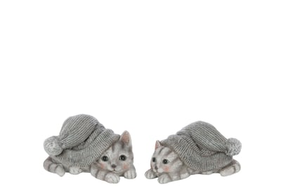 Chat chapeau polyrésine bleu gris/blanc medium assortiment de 2