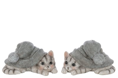 Chat chapeau polyrésine bleu gris/blanc large assortiment de 4