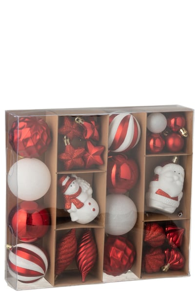 Boite de 28 boule de noël plastique rouge noël/blanc