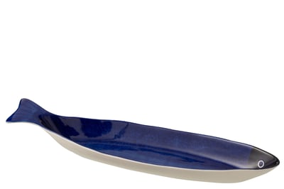 Plateau poisson long porcelaine bleu