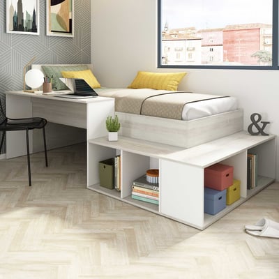 Lit Quinn 90x200 cm avec bureau et rangement - pin/blanc