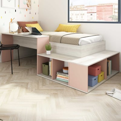 Lit Quinn 90x200 cm avec bureau et rangement - pin/rose vieux